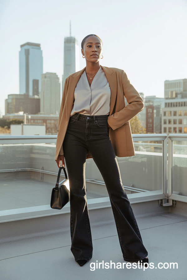 Black Flare Jeans with Satin Blouse and Blazer