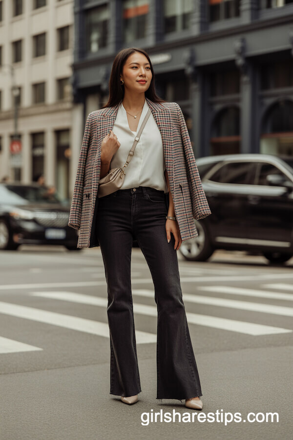 Flare Jeans with Crisp Blouse and Plaid Blazer