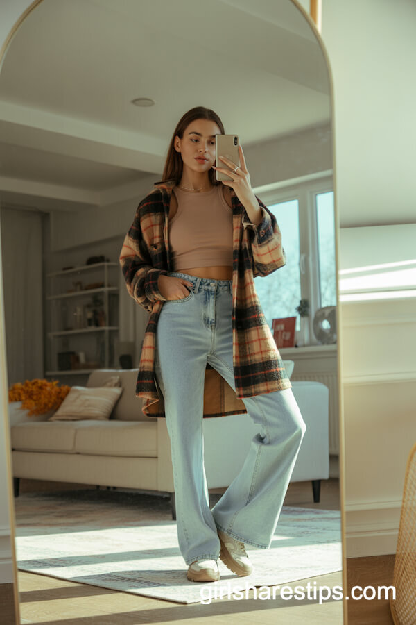 Light-Wash Flare Jeans with Cropped Top and Plaid Shacket