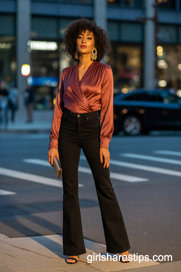 Black Flare Jeans with Wrap Blouse and Strappy Heels