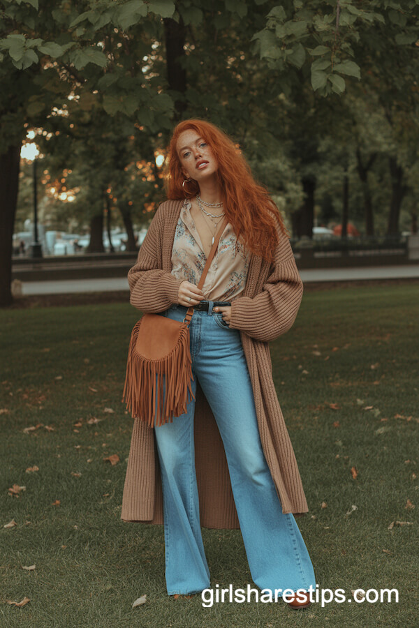 Flare Jeans with Flowy Blouse and Long Cardigan