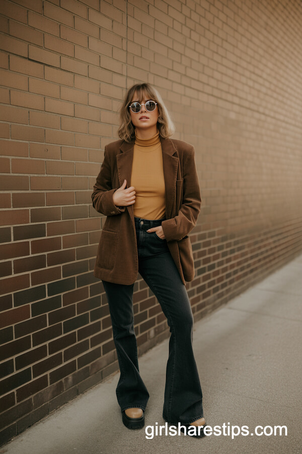 Dark Flare Jeans with Mustard Turtleneck and Corduroy Blazer