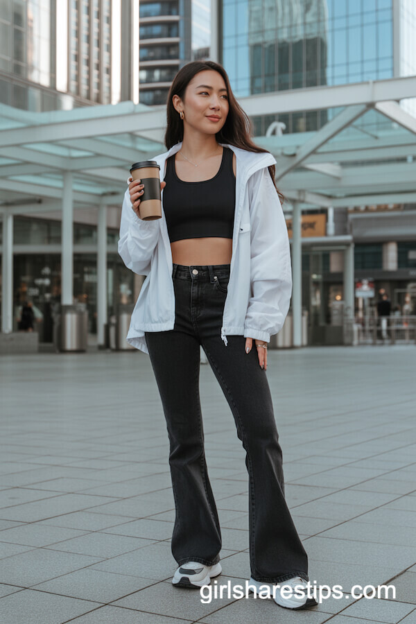 Black Flare Jeans with Athletic Crop Top and Windbreaker