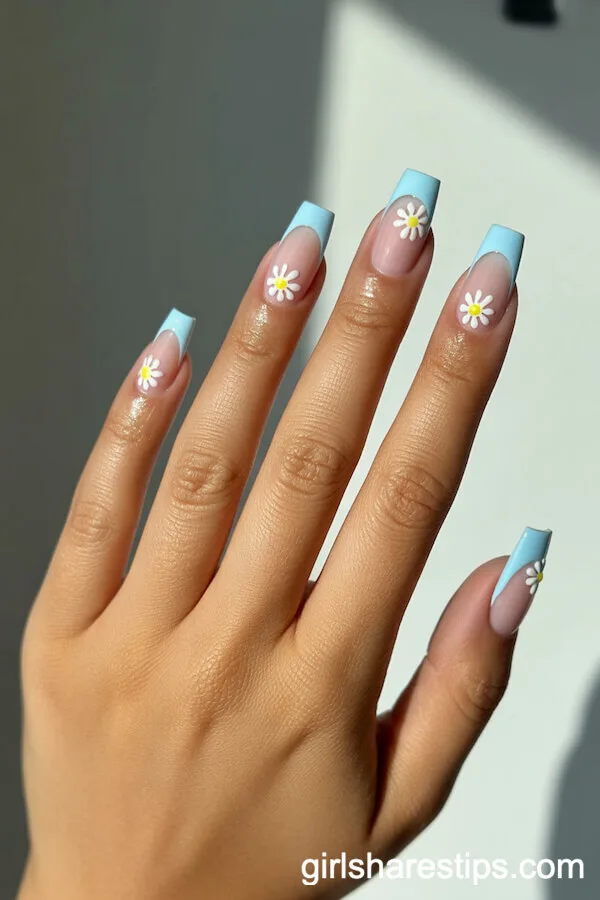 Pastel Blue Daisy French Tips on Medium Coffin Nails