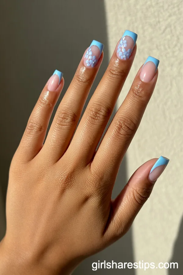Sky Blue French Tips with Blue and Purple Hydrangea Clusters