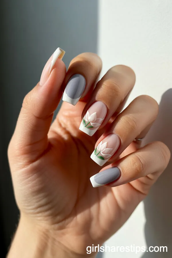 Soft Gray French Tips with Lotus Flower and Greenery Motif