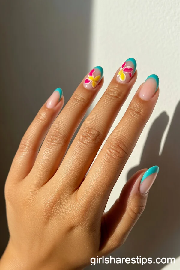 Turquoise French Tips with Pink and Yellow Tropical Florals