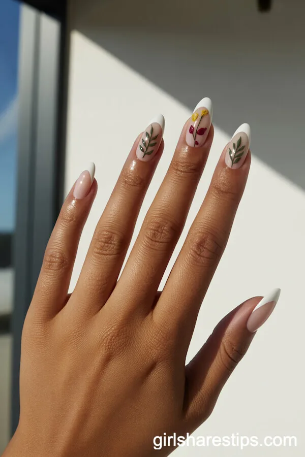 Beige French Tips with Mini Botanical Arrangements