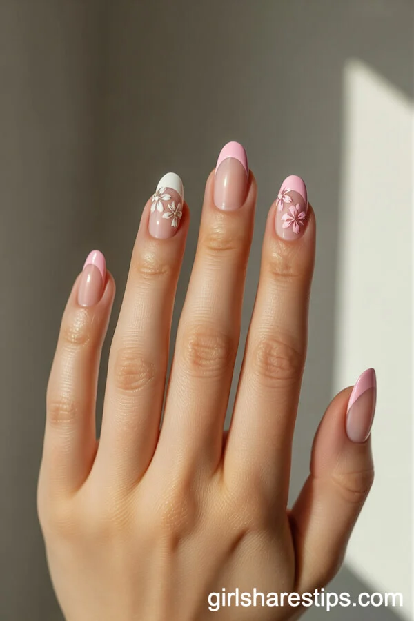 Blush Pink French Tips and Cherry Blossom Nail Art