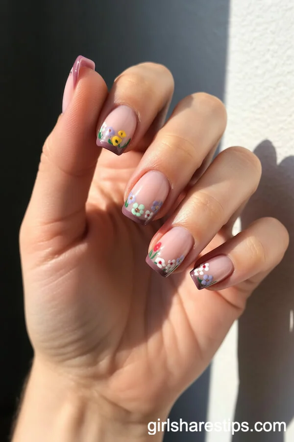 Mauve French Tips with Mixed Colorful Garden Flowers