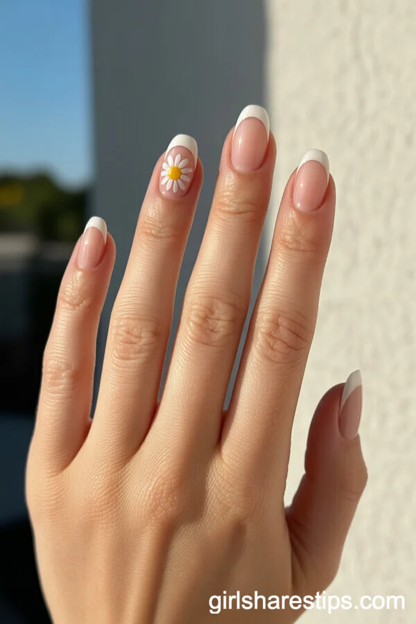 Nude French Tips with Small White Daisy Accent