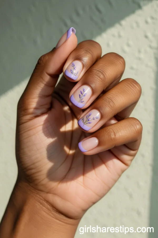 Lavender French Tips with Hand-Painted Lavender Sprigs