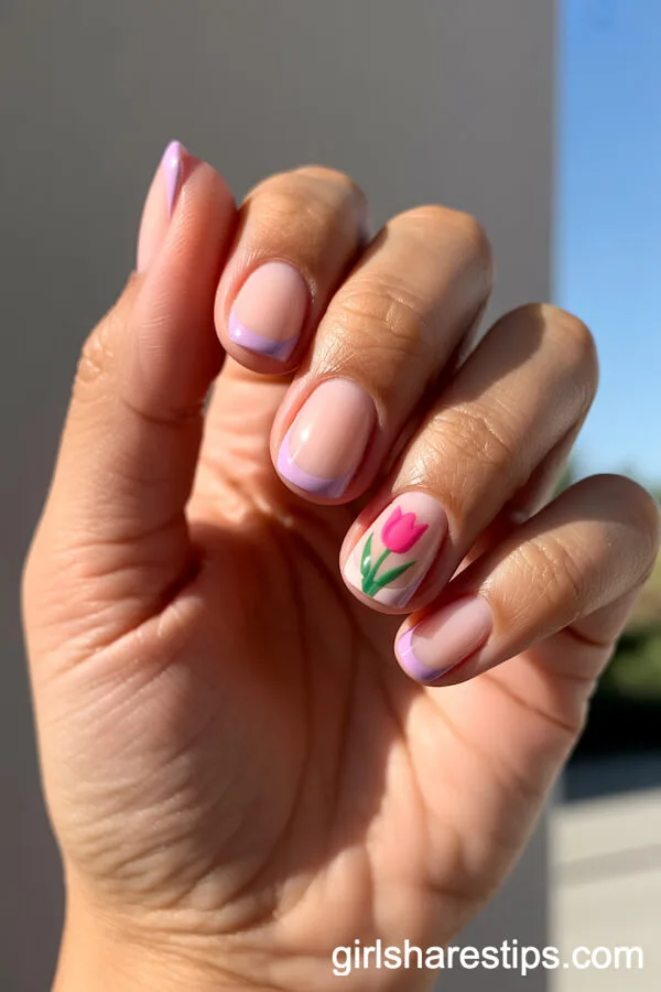 Soft Lavender French Tips with Pink Tulip Ring Finger Accent