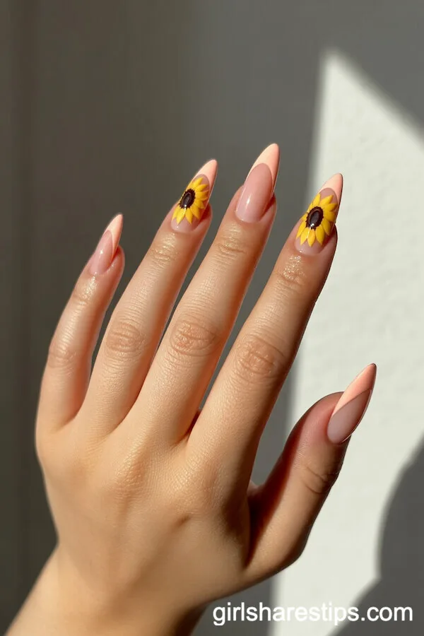 Peach French Tips and Sunflower Accents on Long Stiletto Nails
