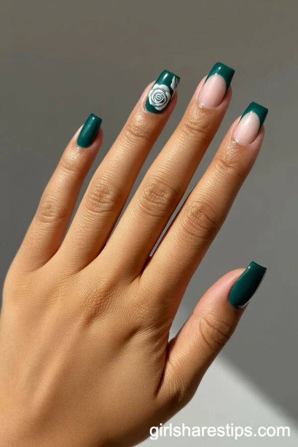 Emerald Green French Tips with White Rose Nail Art