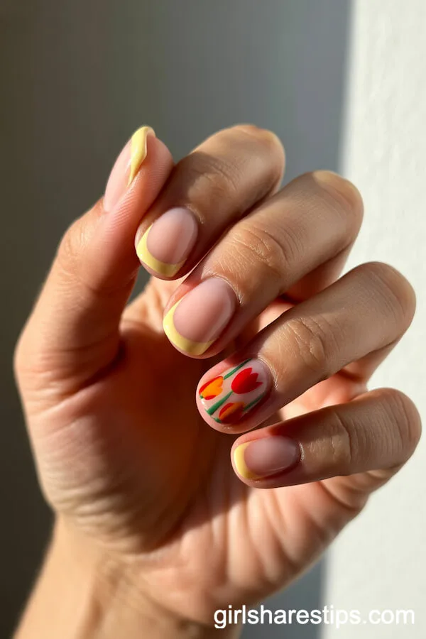 Pale Yellow French Tips with Tulip Pattern Accent
