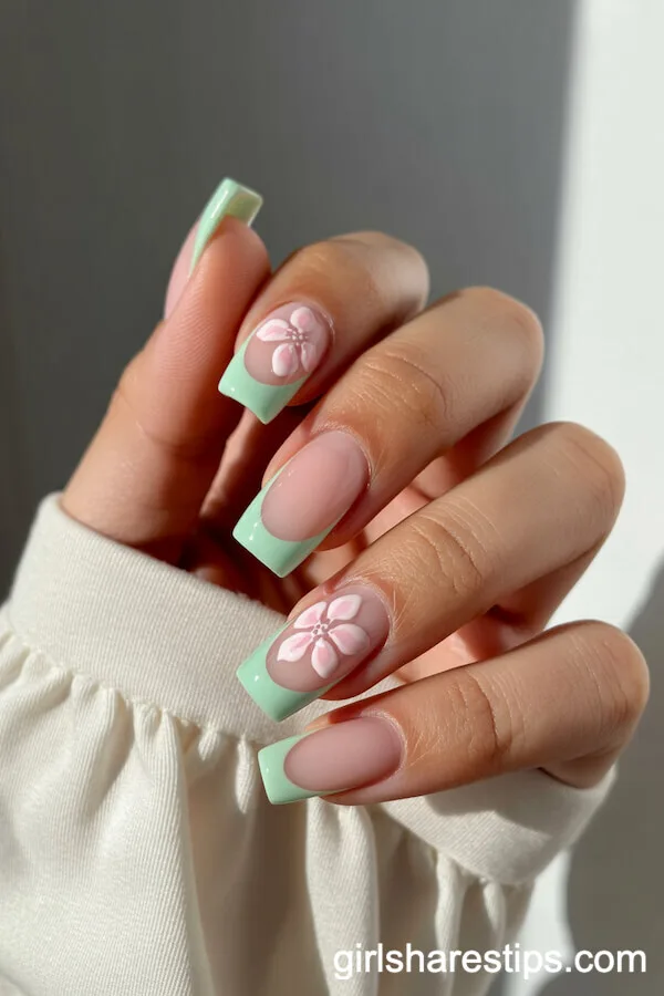 Mint Green French Tips and Pink Blossom Detail Design