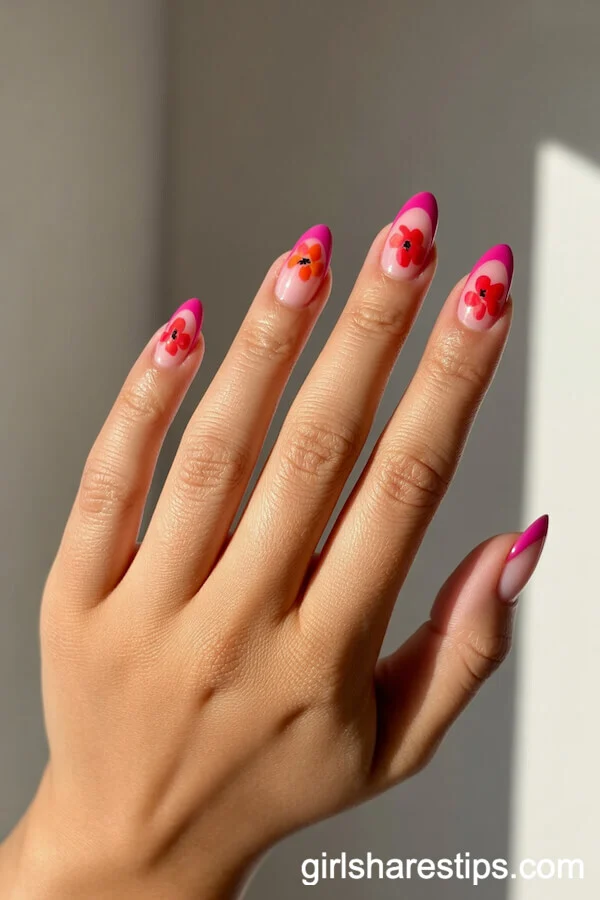 Magenta French Tips with Red and Orange Poppies