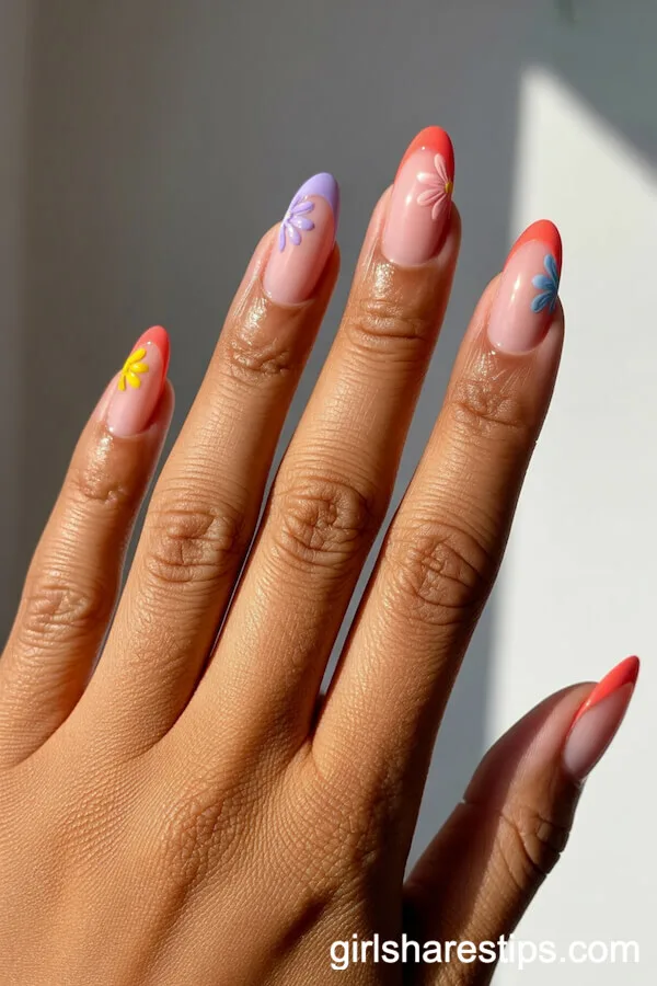Coral French Tips and Colorful Hand-Painted Spring Flowers