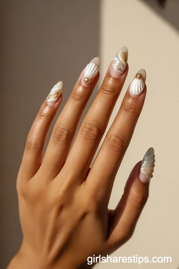 Seashell-Inspired Almond Nails with Pearly Accents