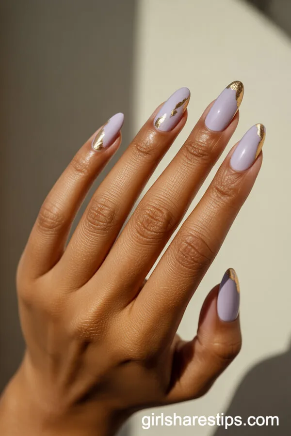 Pastel Lavender Almond Nails with Luxe Gold Foil