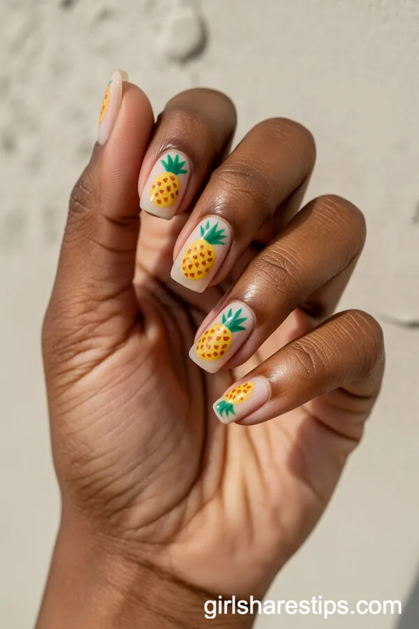 Playful Pineapple Art on Square Summer Nails