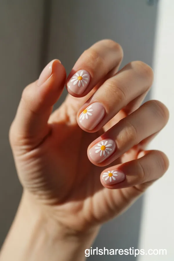 Delicate White Daisy Art on Soft Pink Round Nails
