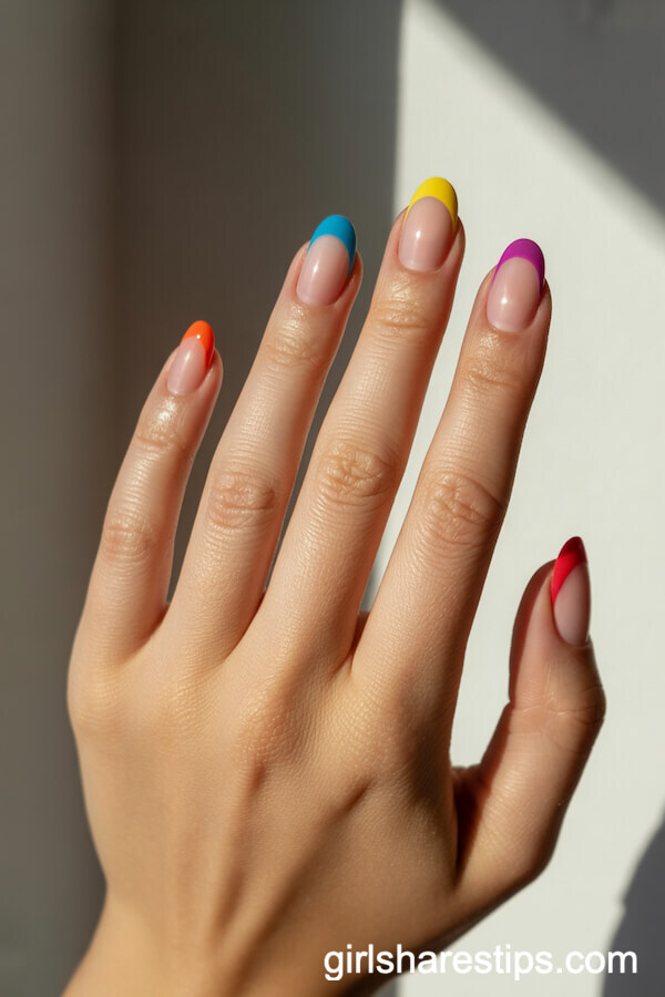 Bold Rainbow Tips on Medium Rounded Nails
