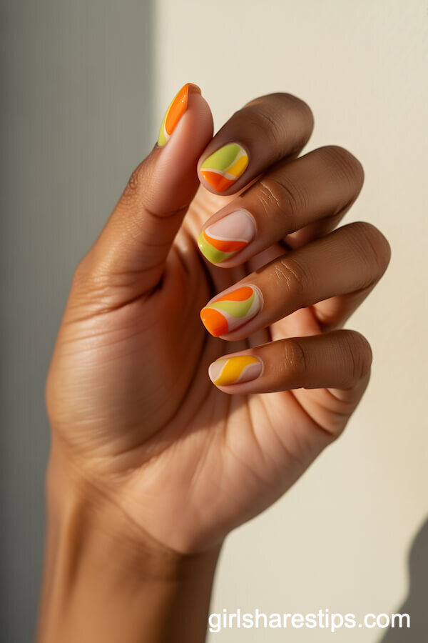 Abstract Citrus Squoval Nails for a Fresh Summer Look