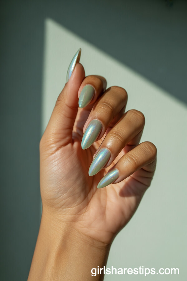 Sea Foam Green Iridescent Stiletto Nails