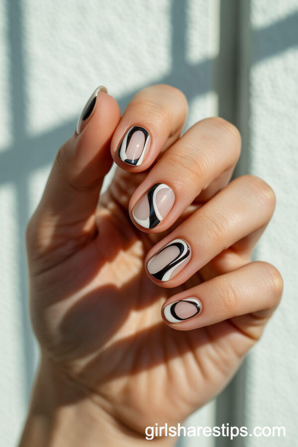 Modern Black and White Graphic Line Art Nails