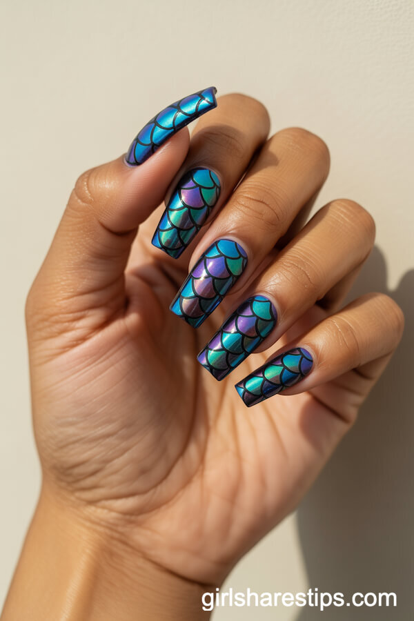 Mermaid Scale Coffin Nails with Iridescent Shine