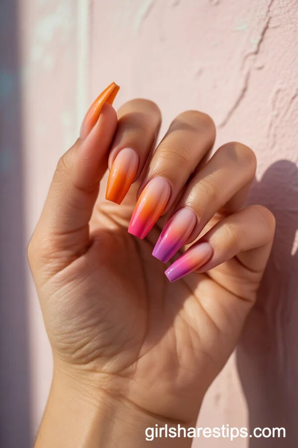 Sunset Ombre Coffin Nails: Bold Summer Gradients