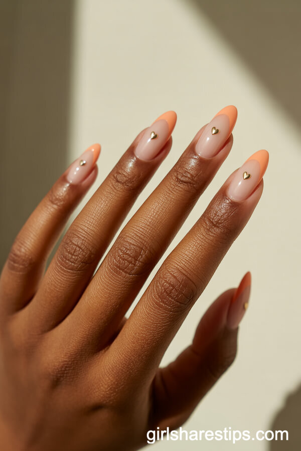 Peach Gradient Almond Nails with Gold Heart Details