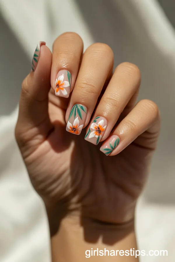Tropical Flower Square Nails for Paradise Vibes