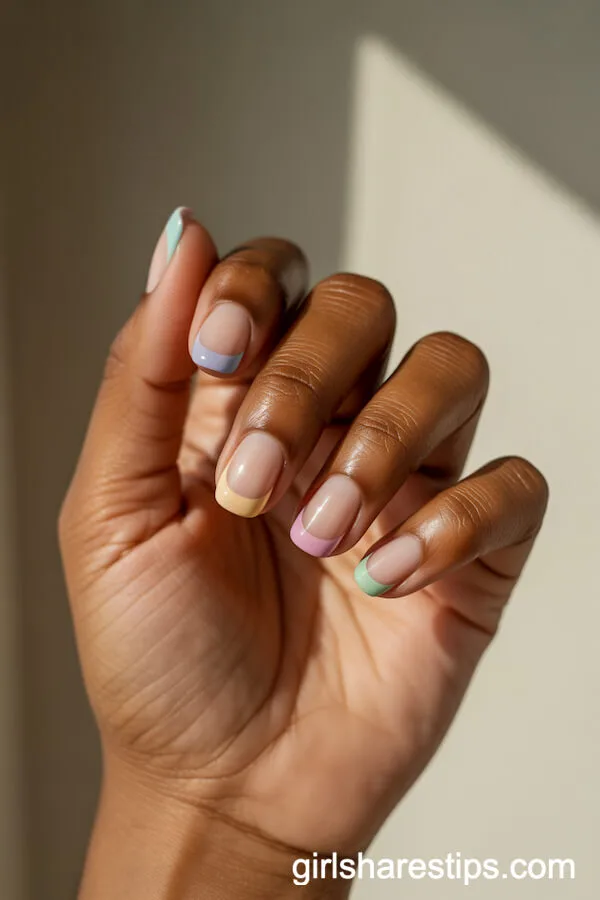 Pastel French Tips on Short Rounded Nails