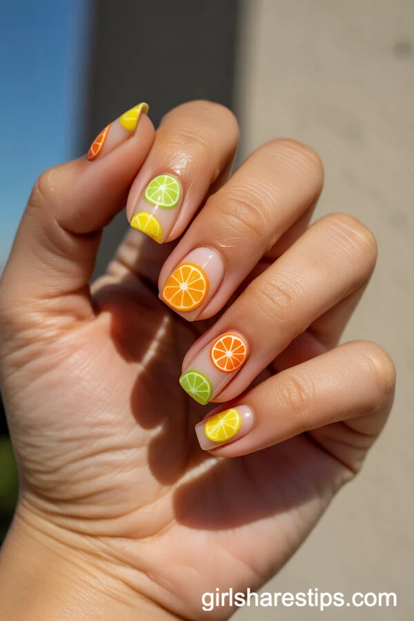 Citrus Fruit Print Nails: Zesty Summer Square Designs