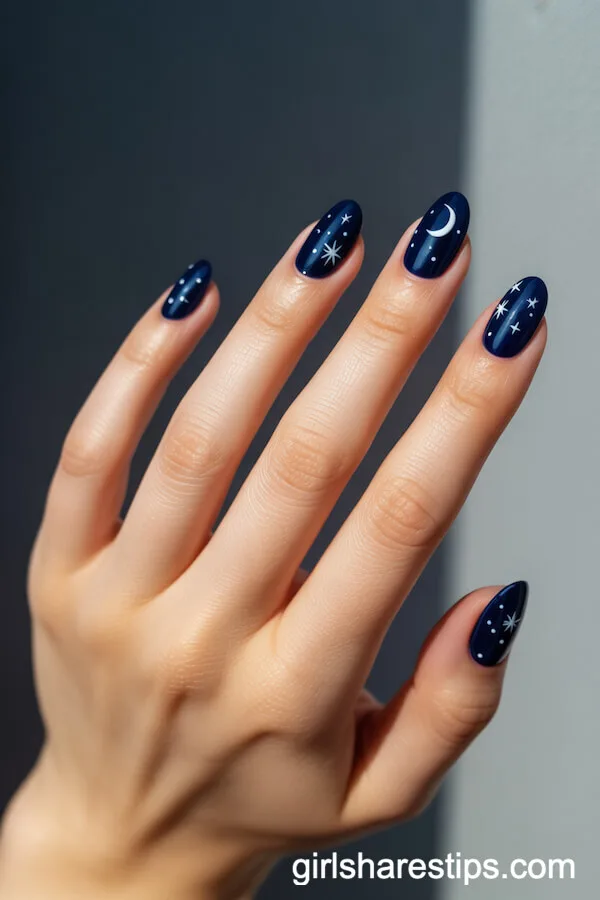 Starry Midnight Blue Nails with Lunar Accents
