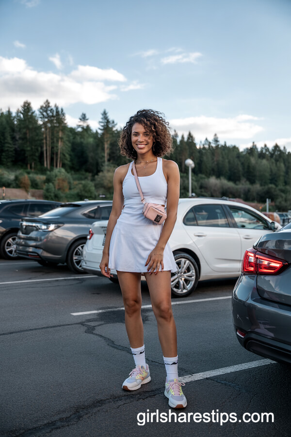 White Tennis Dress with Pastel Sneakers
