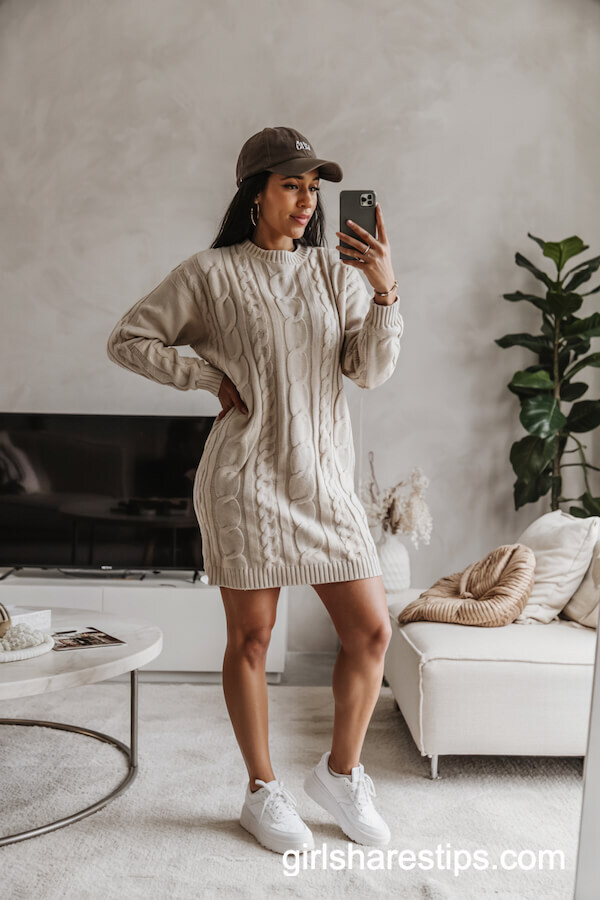 Sweater Dress with Baseball Cap