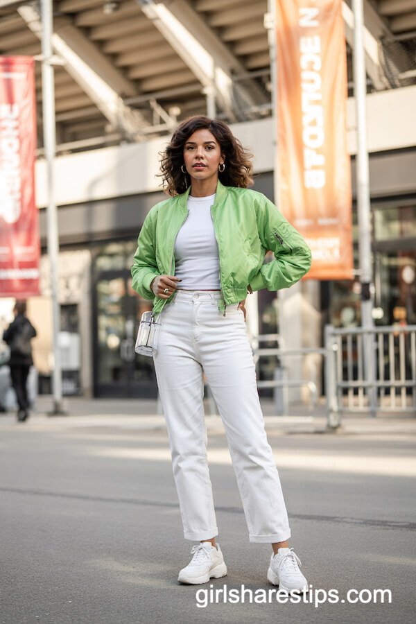 Neon Bomber Jacket and White Pants