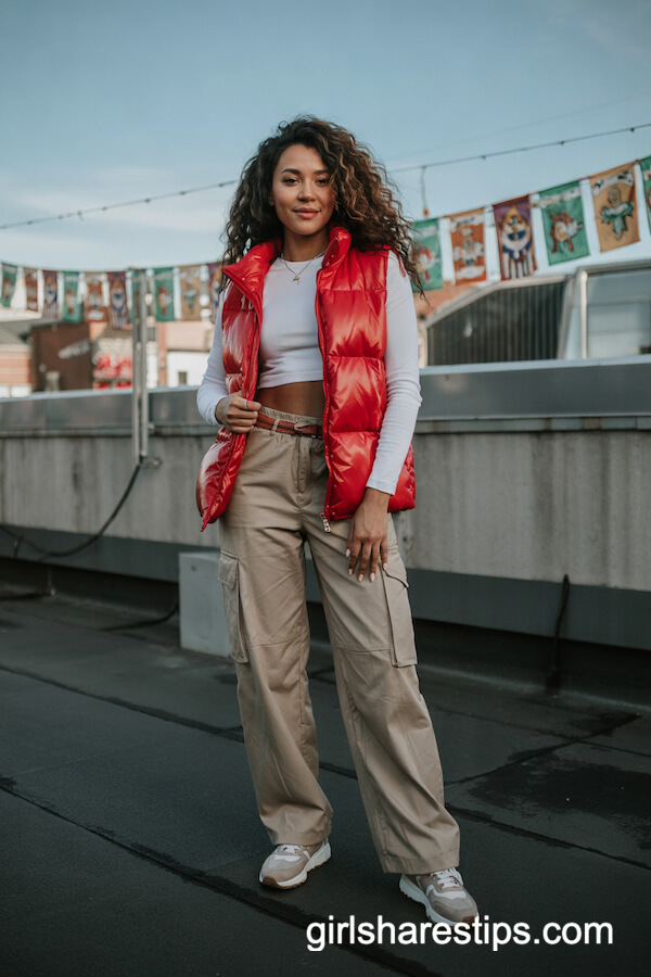 Red Puffer Vest with Cargo Pants