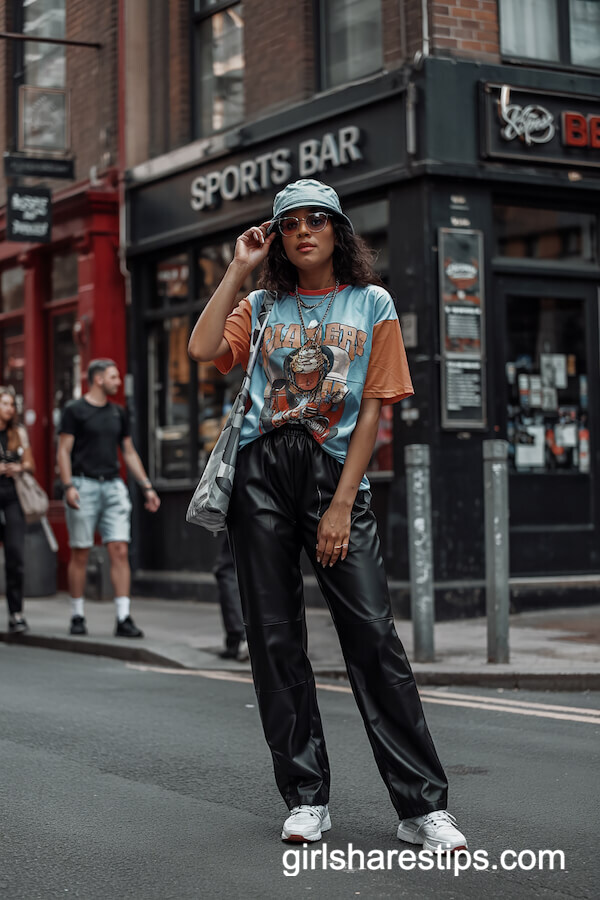Graphic Tee with Faux Leather Pants