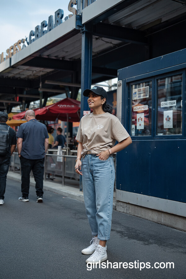 Baseball Cap with Crewneck Tee and Relaxed Jeans