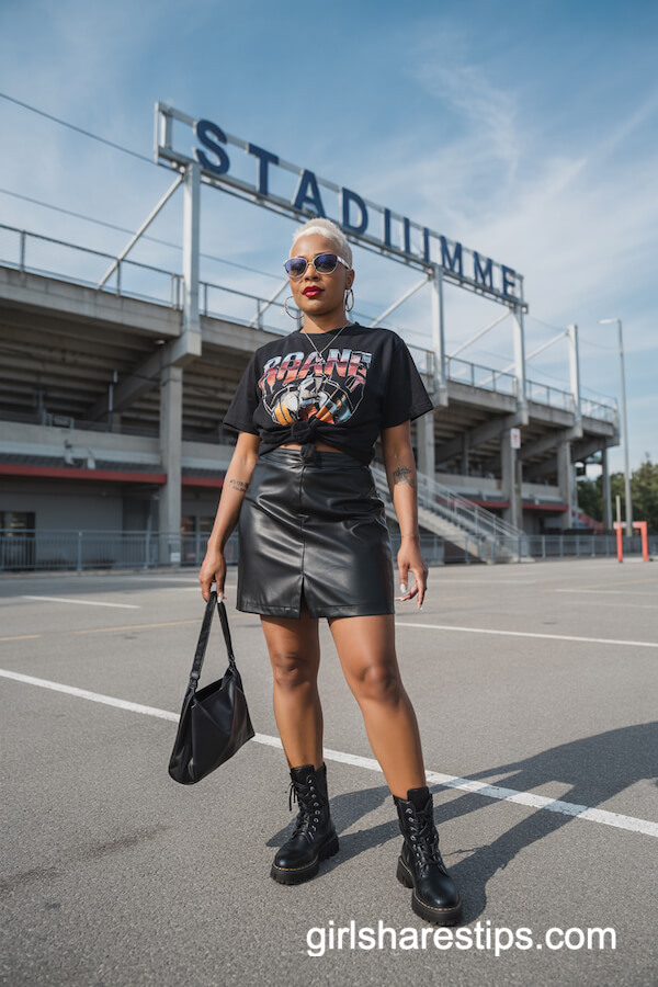 Knotted Graphic Tee and Faux-Leather Skirt