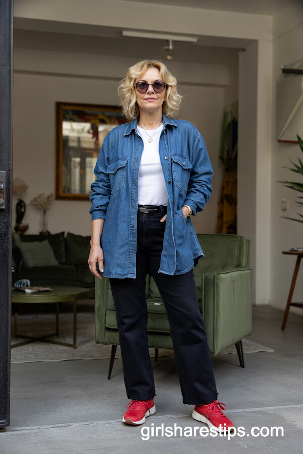 Oversized Denim Shirt Jacket and Red Sneakers