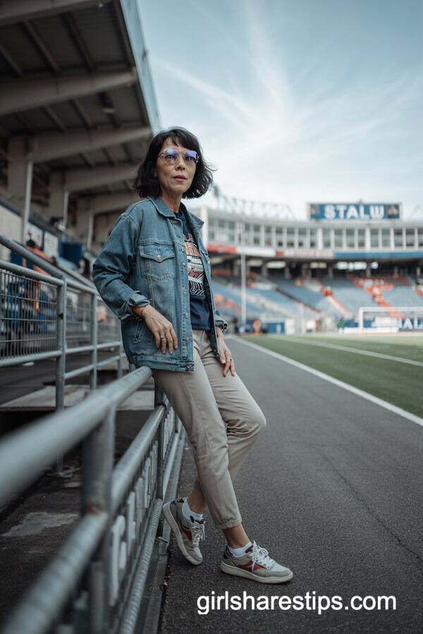 Denim Jacket with Graphic Tee and Khakis