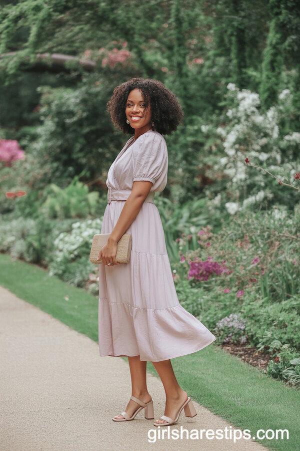 Pastel Pink Midi Dress with Straw Clutch and Nude Heels