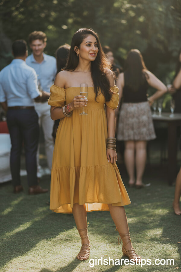 Mustard Yellow Off-Shoulder Boho Dress with Brown Sandals