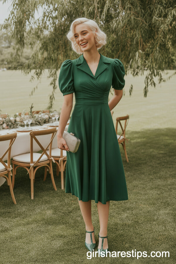 1940s-Inspired Forest Green Dress with T-Strap Heels